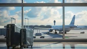 Zwei Koffer stehen am Fenster, Blick auf ein Flugzeug und den Kontrollturm.
